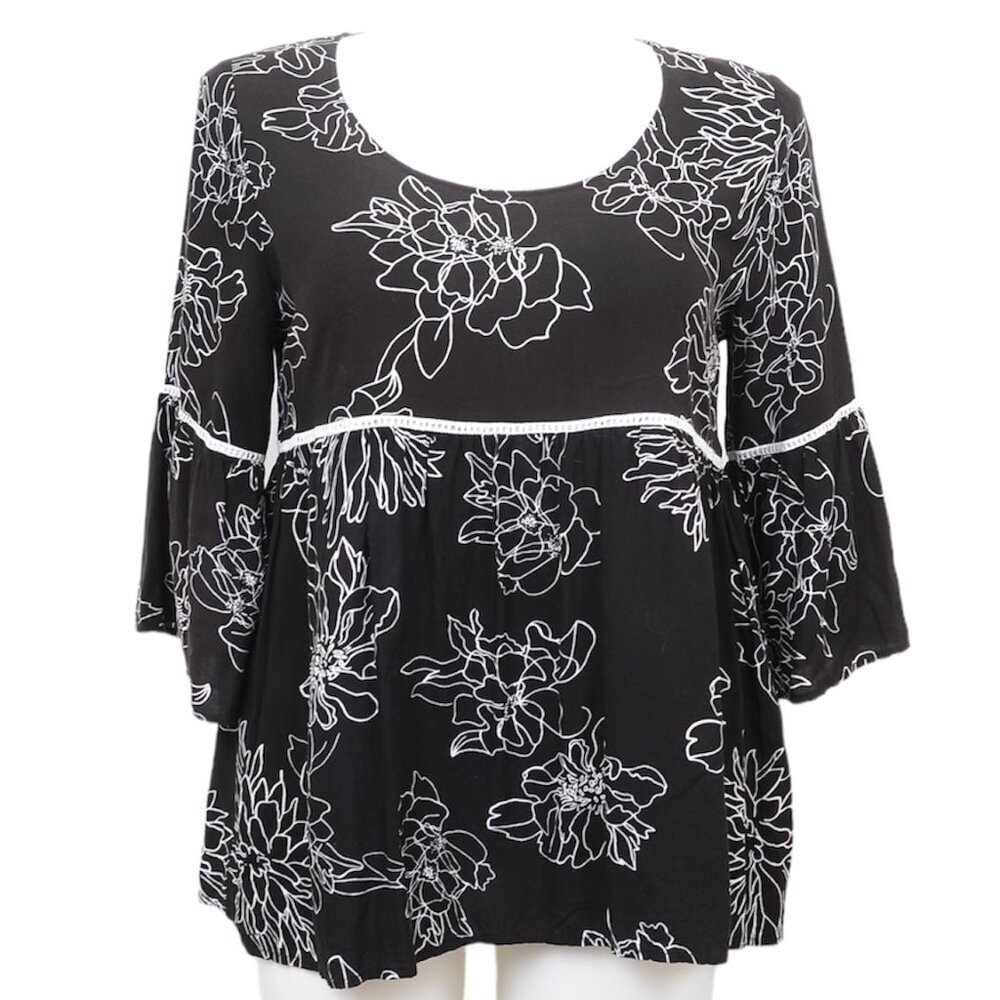 Suzanne Betro Black White Floral Bell Sleeve Babydoll Top Blouse Size XL Whimsy